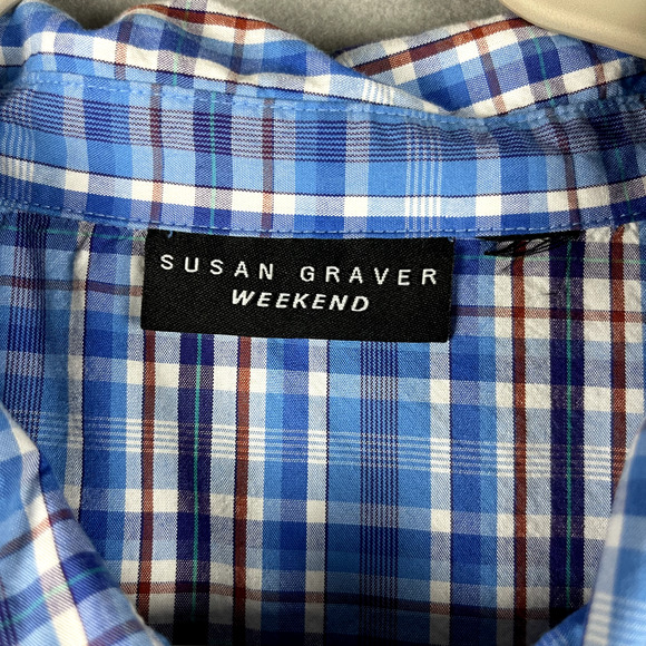 Susan Graver Weekend Top Womens 3X Blue Plaid Button Up Roll Tab Sleeve Casual - Picture 4 of 13